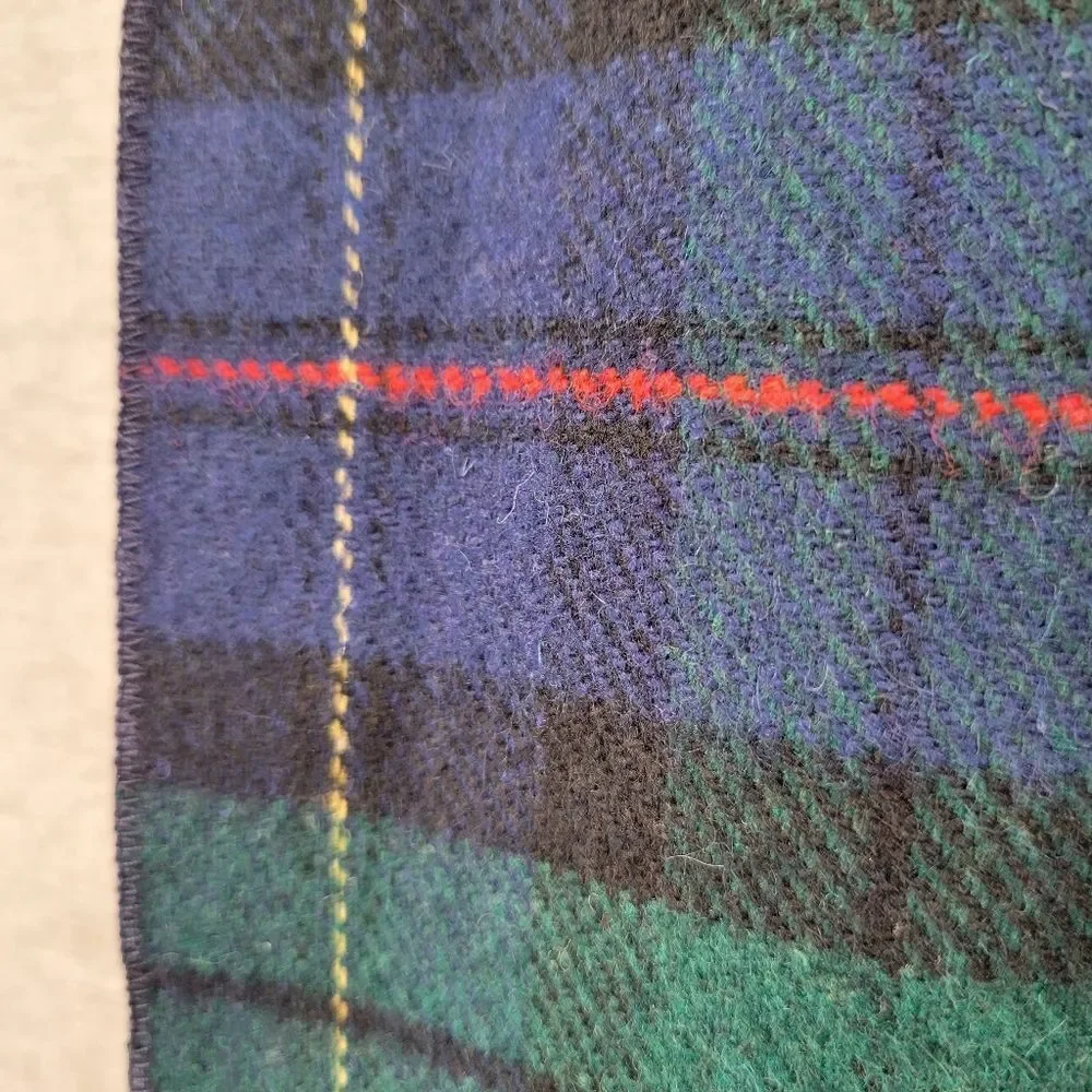 Vintage Wool Tartan Plaid Navy Blue and Green Scarf with Short Fringe